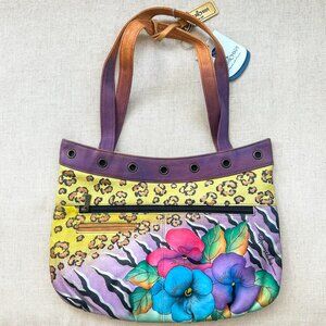 Anuschka Purse Hand Painted on Leather Brand New Leopard Print on Floral RARE